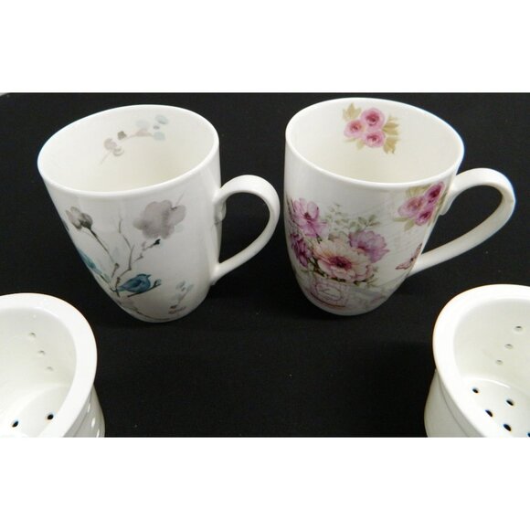 Novel Korea Ceramic Tea Infuser Mugs Lids & Strainers Floral Bird Design Set  2 - Picture 2 of 16